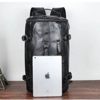 Black Men Multifunction Travel Bag PU Leather Casual Large Capacity Laptop Rucksack Male Hike Bucket Backpack